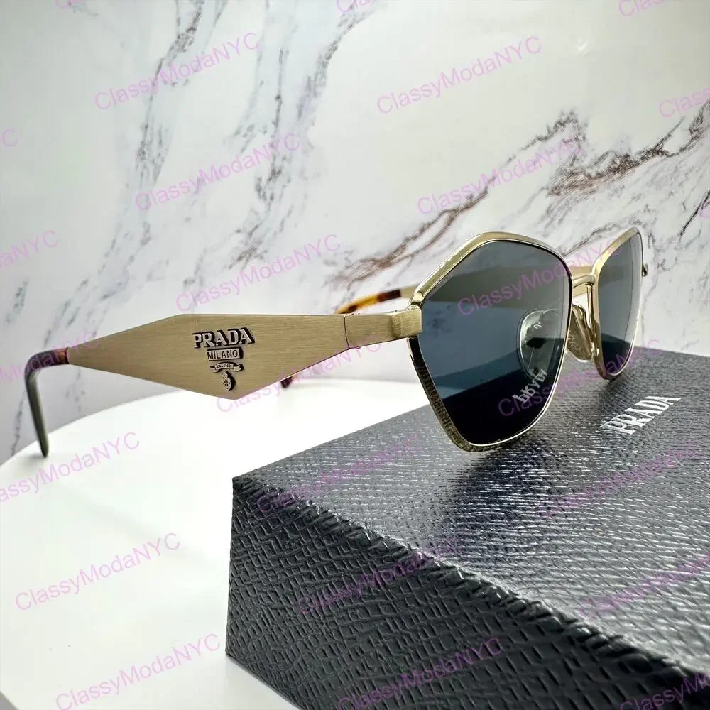 New PRADA Sunglasses Gold Metal 3D Logo Aviator Cat Eye Womens PRD50S ZVN70B